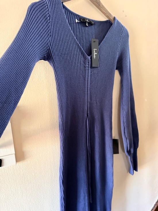 Lulu's Slate Blue Ribbed V-Neck Drawstring Midi Dress - Picture 8 of 12
